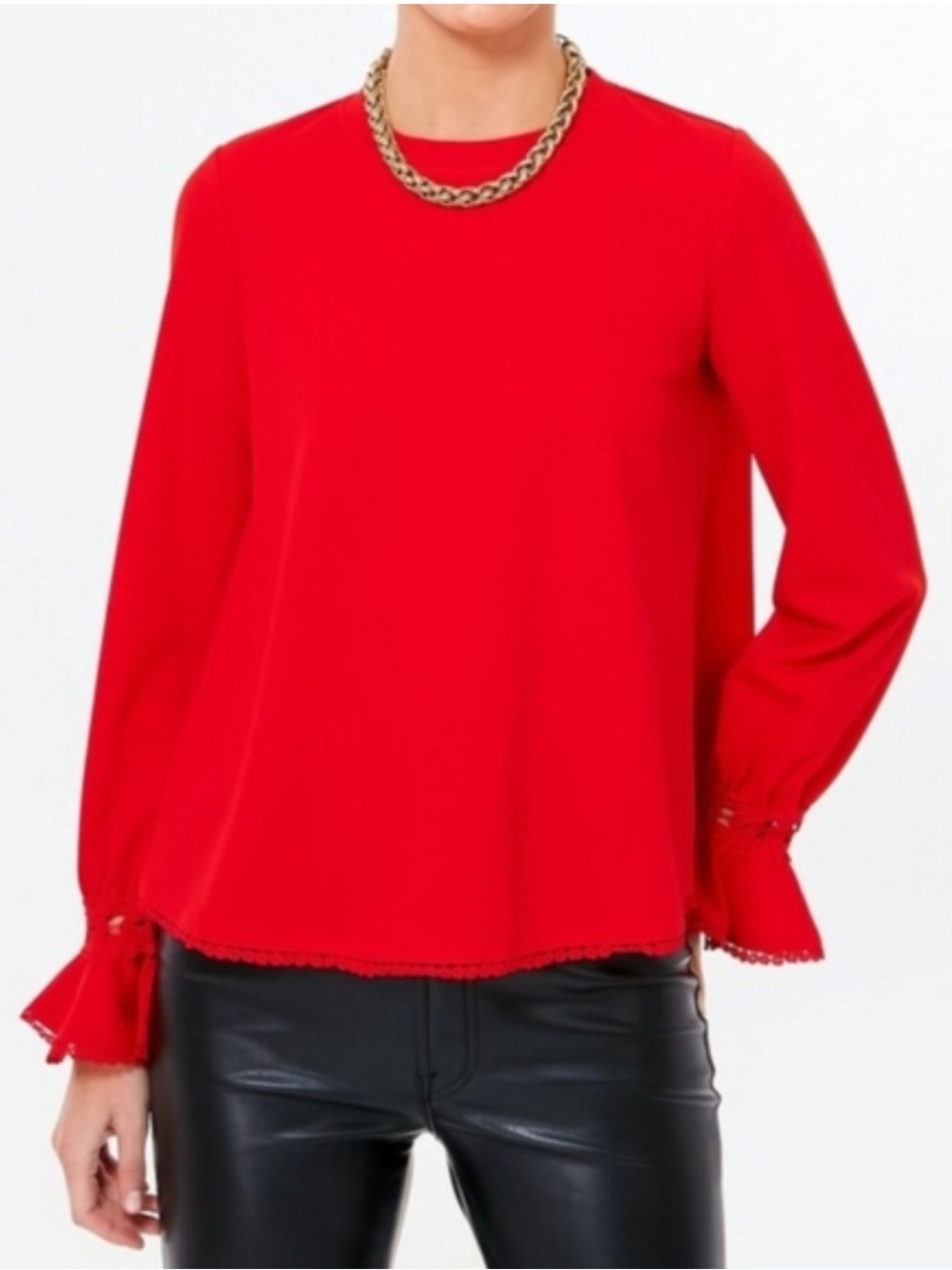 Tuckernuck Pomander Place Bright Red Palmer Blouse with Bell Cuffs & Lace Eyelet